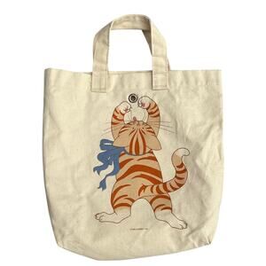 Vintage 80s Canvas Cat Yarn Tote Bag with Blue Ribbon